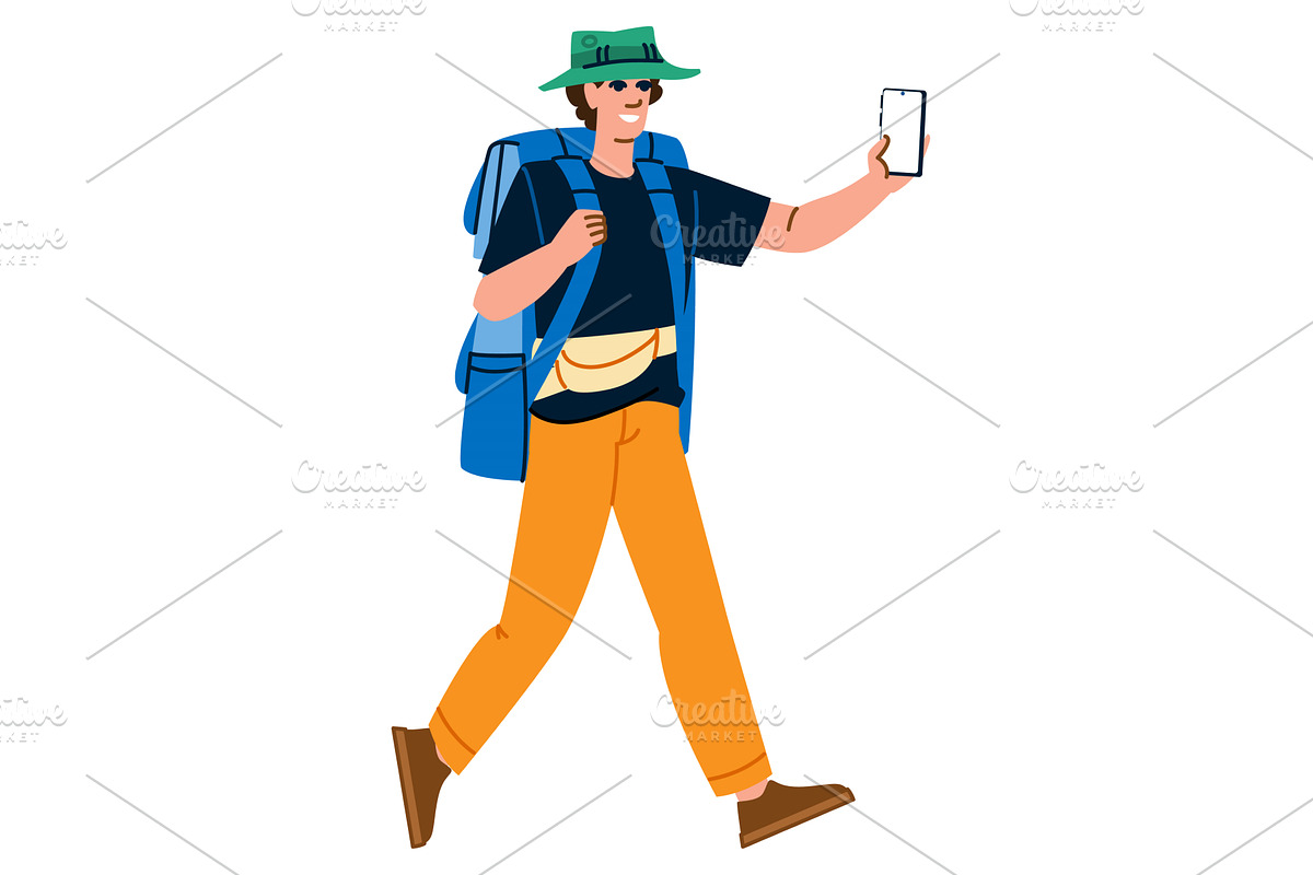 Tourist walking and taking selfie, an Object Illustration by pikepicture