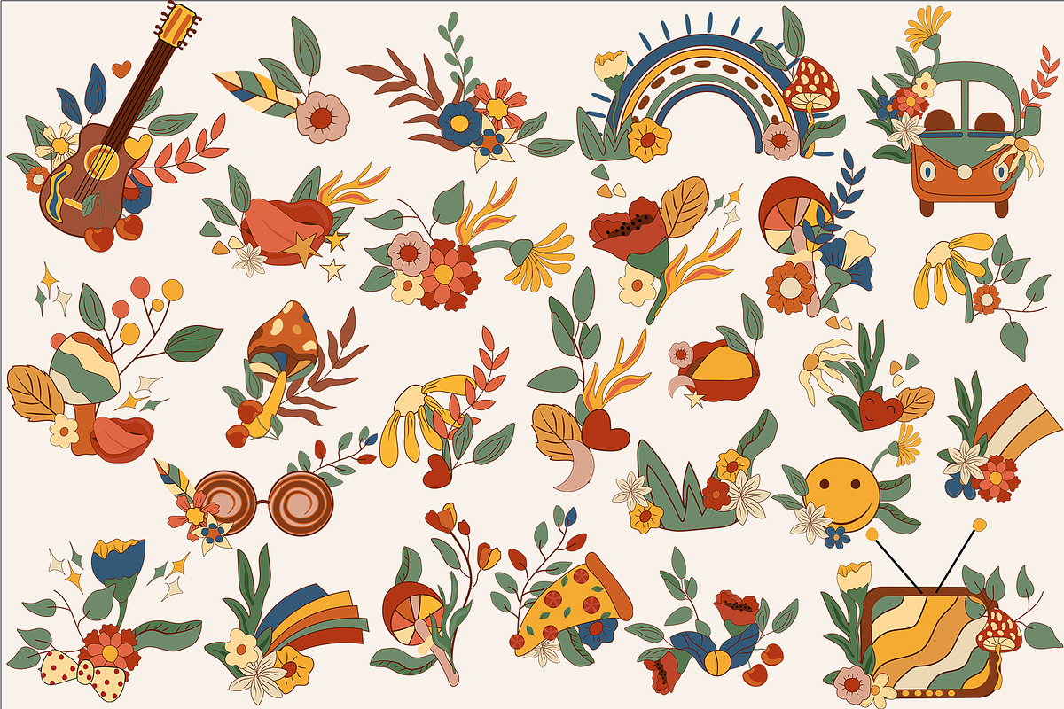 POSITIVE RETRO, BOHO GROOVY CLIPART, a Decorative Illustration by Usis (Photo 9 of 20)