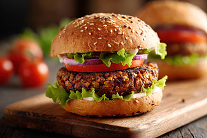 Lentil burger topped with fresh lettuce and tomato served on a wooden board, a Food & Drink Photo by AlyaAnd