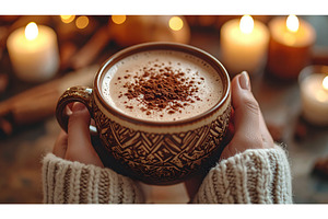 Hands holding a rustic mug of creamy, a Food & Drink Photo by Igor Tichonow