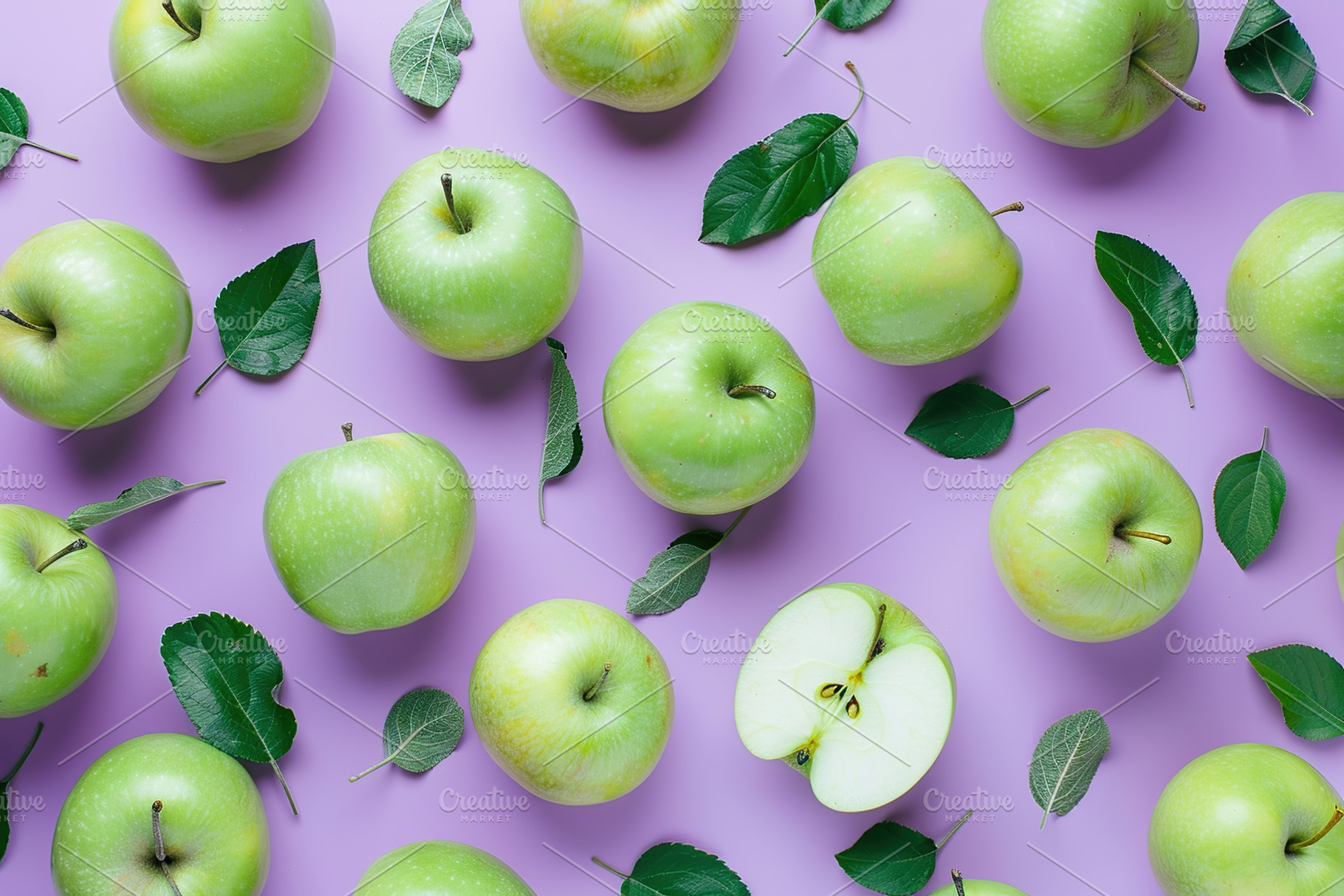 Pattern of fresh apple pieces on purple background, a Food & Drink Photo by AlyaAnd