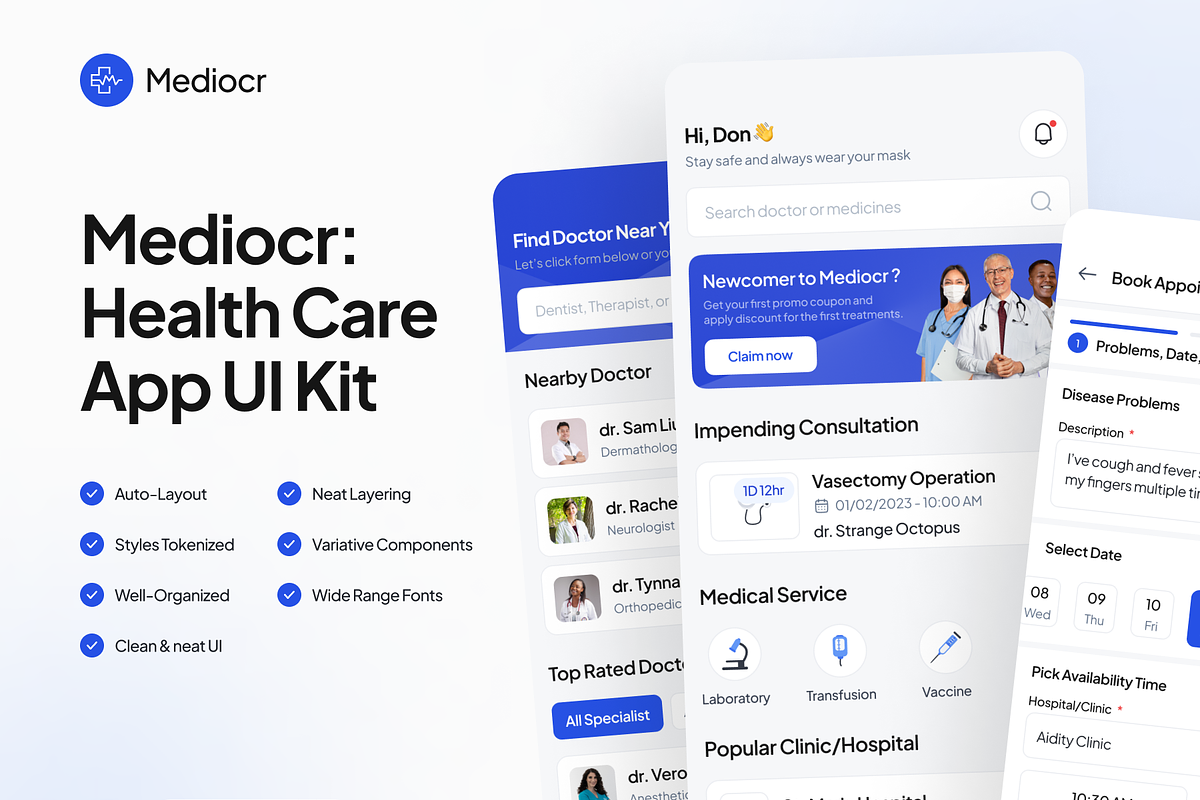 Mediocr: Health Care App UI Kit, an UI Kit Template by keffidesign (Photo 1 of 8)