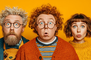Three friends with surprised expressions wearing bright sweaters pose against o, a Photo by AS photostudio
