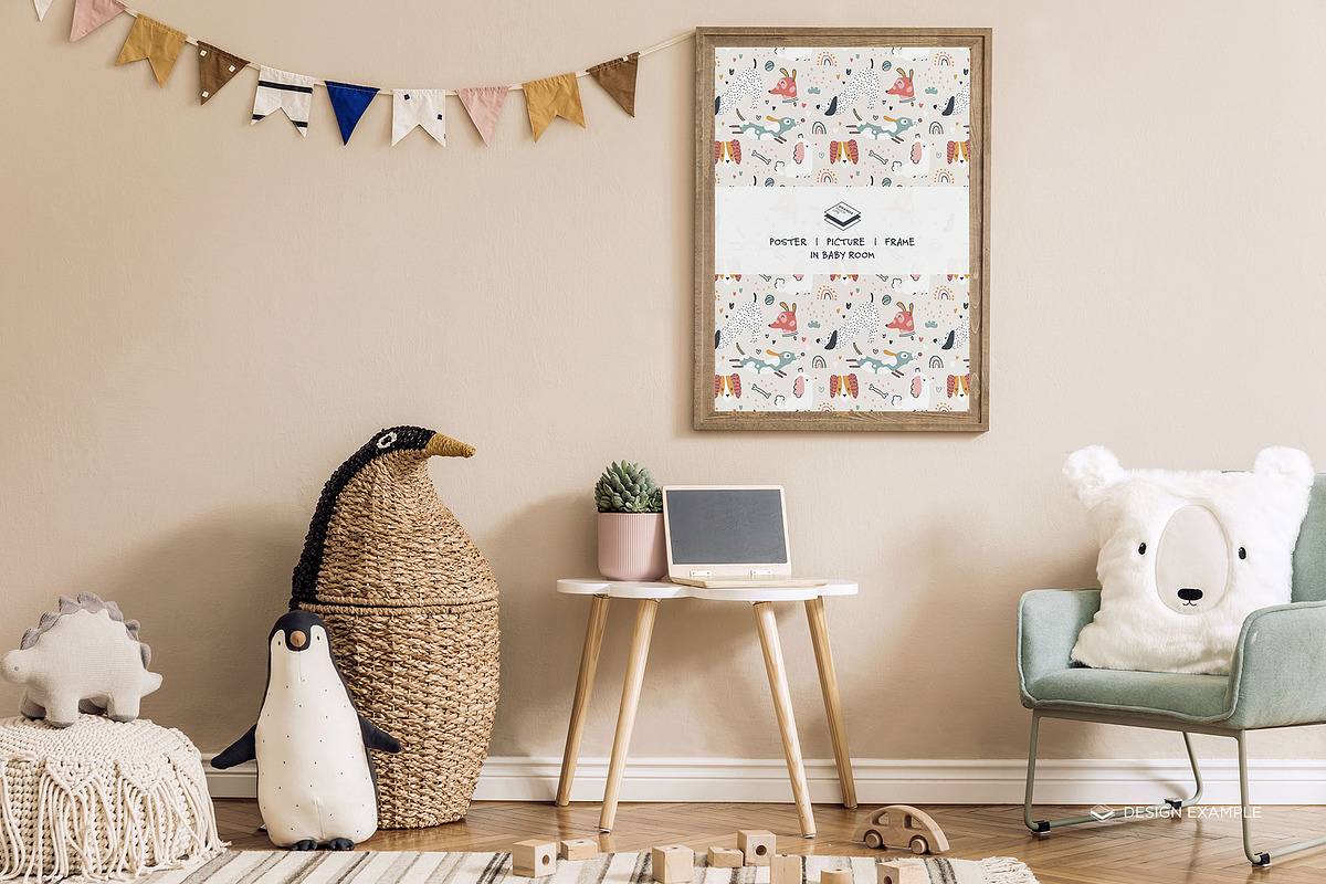 Portrait Frame in Baby Room Mock-up, a Print Template by Branda