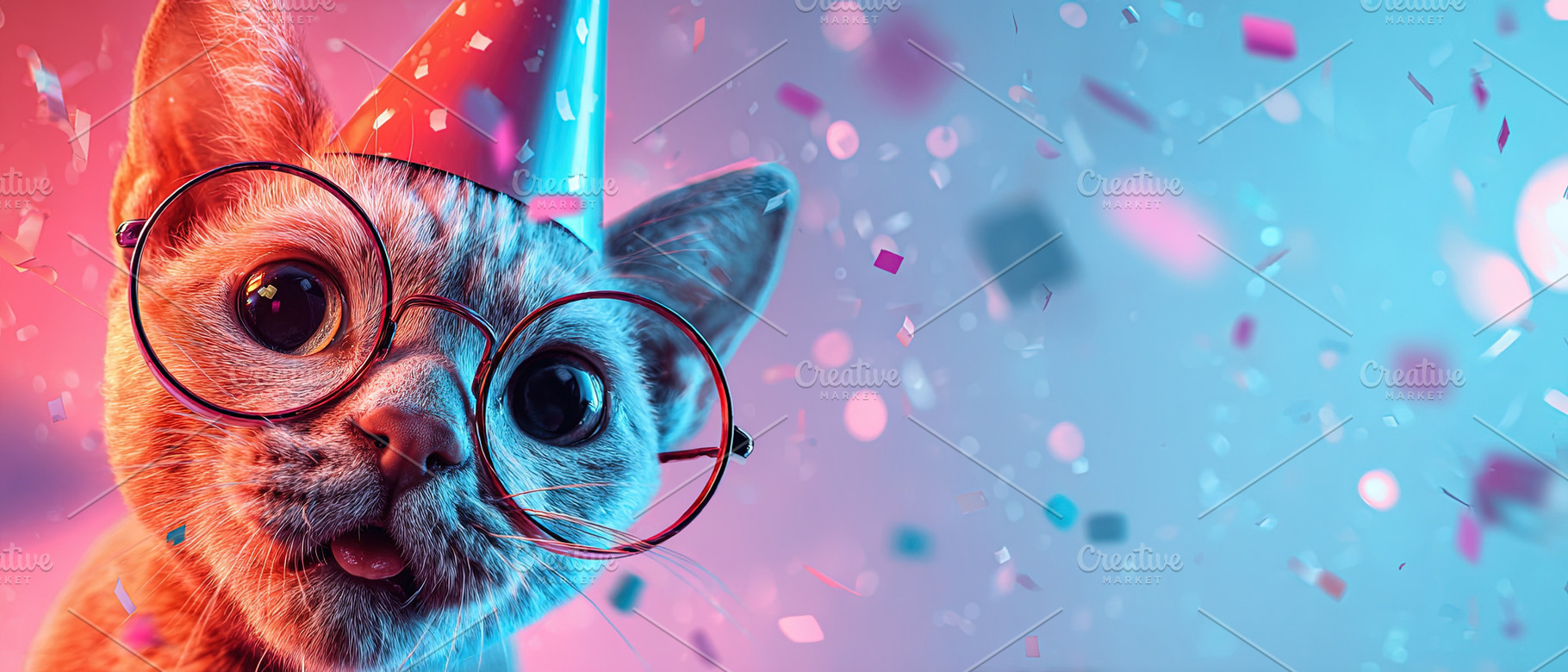 Cute cat with party hat and glasses surrounded by colorful confe, an Animal Photo by Ales Munt