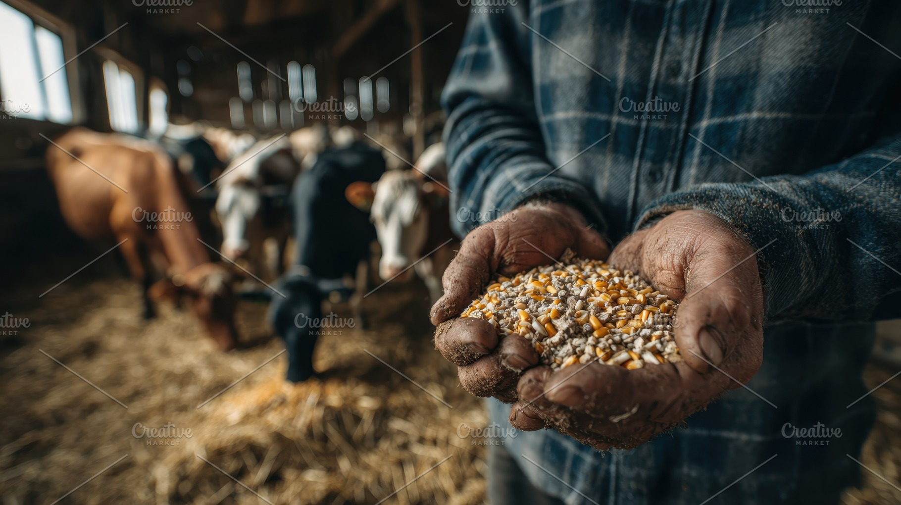 Farmers hands holding cattle feed in, a Photo by Pixeness Studio