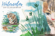 watercolor cat and goldenfish, an Animal Illustration by Graphobia (Thumbnail 1 of 5)