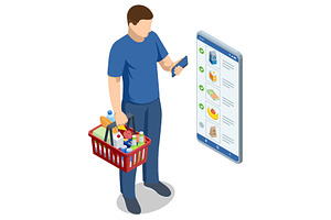 Isometric man with Grocery Cart and