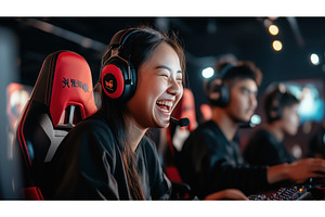A young Asian female gamer laughs, a Technology Photo by Sergey Kotenev