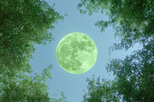 Green moon illuminates trees in nigh, a Photo by Iftikhar Alam