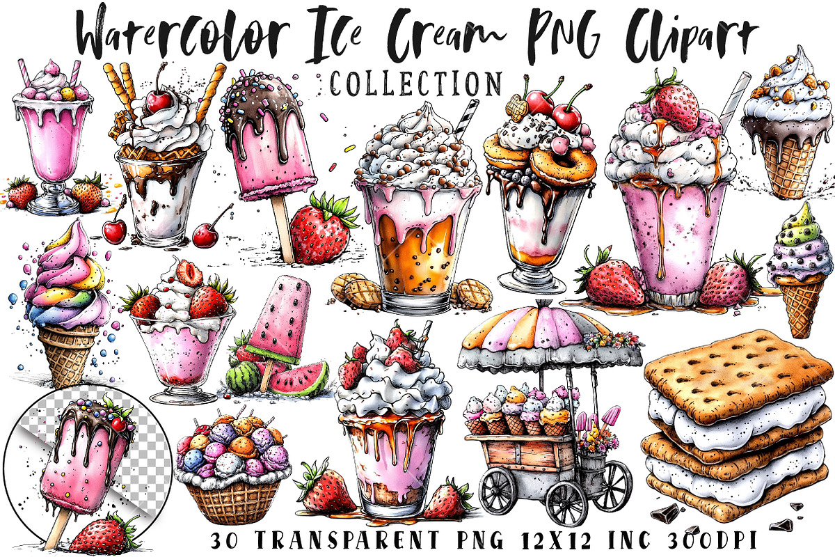 Watercolor Ice Cream PNG Clipart, a Seasonal Illustration by OK Design (Photo 1 of 6)