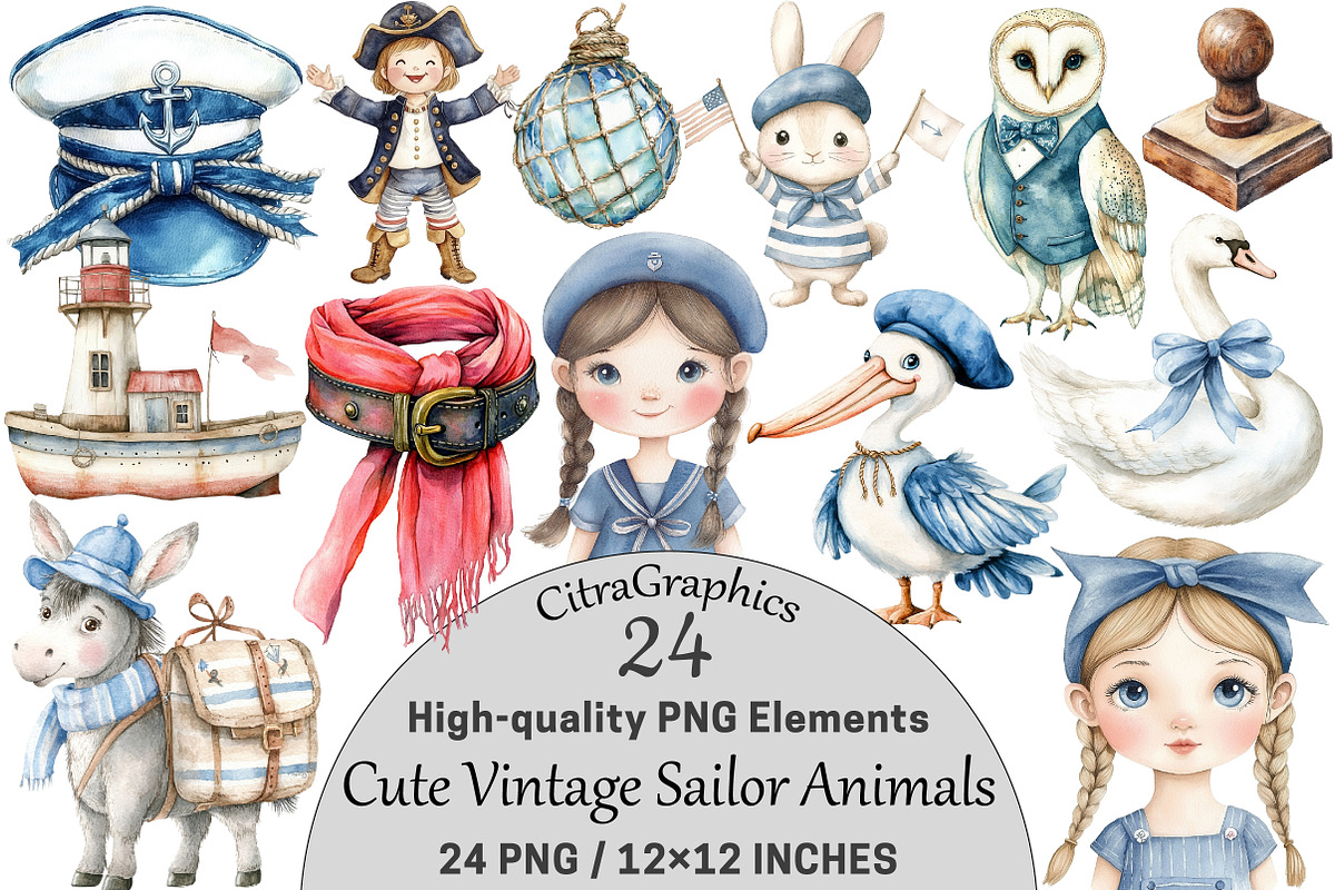Cute Vintage Sailor Animals, a Seasonal Illustration by CitraGraphics (Photo 1 of 3)