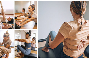 Photo collage of pilates instructor guiding a woman at class, a Health & Medical Photo by DanFLCreativo