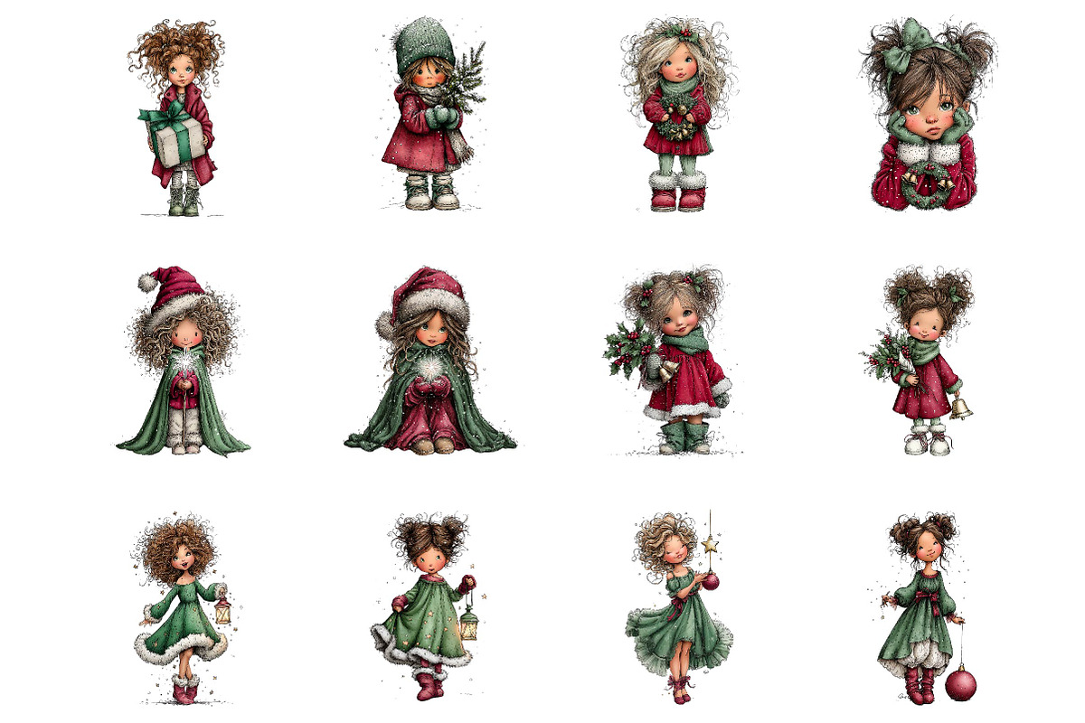 Whimsical Christmas Girl Clipart, a Seasonal Illustration by fashionaddict (Photo 4 of 7)