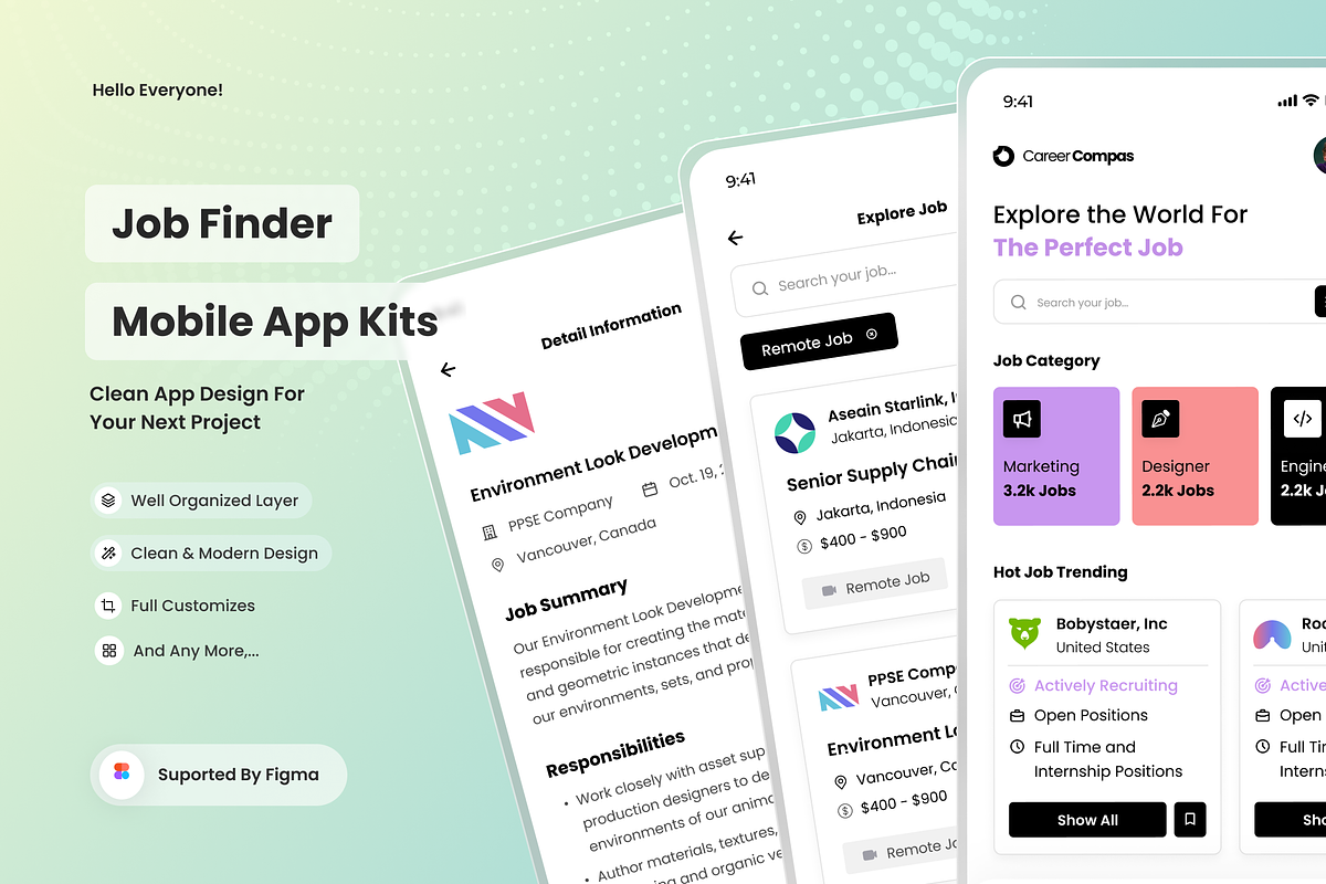 Job Finder Mobile App UI Kits, an UI Kit Template by SquidPixey