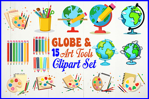 Globe & Art Tools Clipart Set, an Object Graphic by yasushie