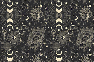 Sun And Moon Phases. Engraving