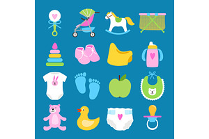 Babies Vector Set. Toys, Clothes And