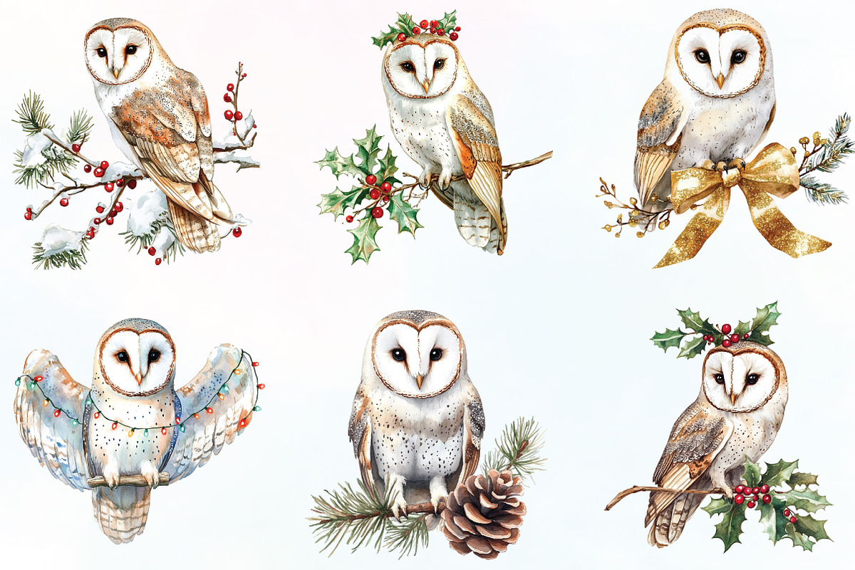 Christmas Barn Owl Clipart, an Illustration by CraftArtStudio (Photo 2 of 6)
