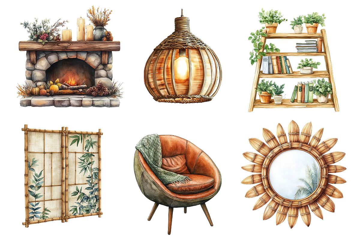 Watercolor Boho Interior Clipart, an Illustration by Dream Creation (Photo 5 of 7)