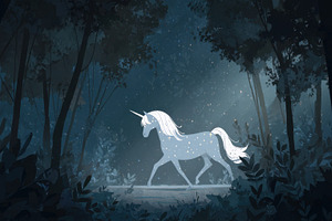 Unicorn walks dark forest, a Photo by Beautiful things