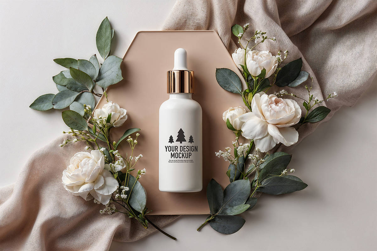 Elegant cosmetic mockup with flowers, a Product Mockup by OSORIOartist