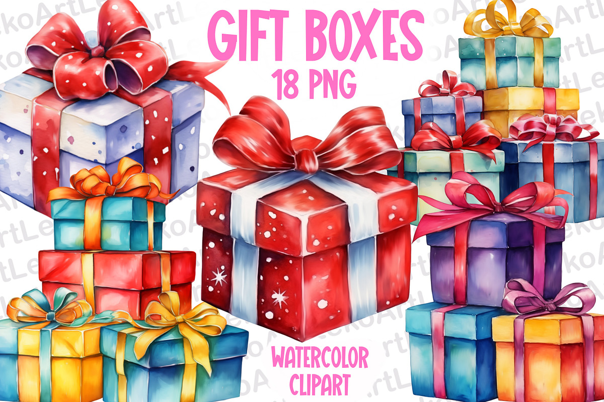 Gift Boxes Watercolor Clipart, a Decorative Illustration by LekoArt (Photo 1 of 10)
