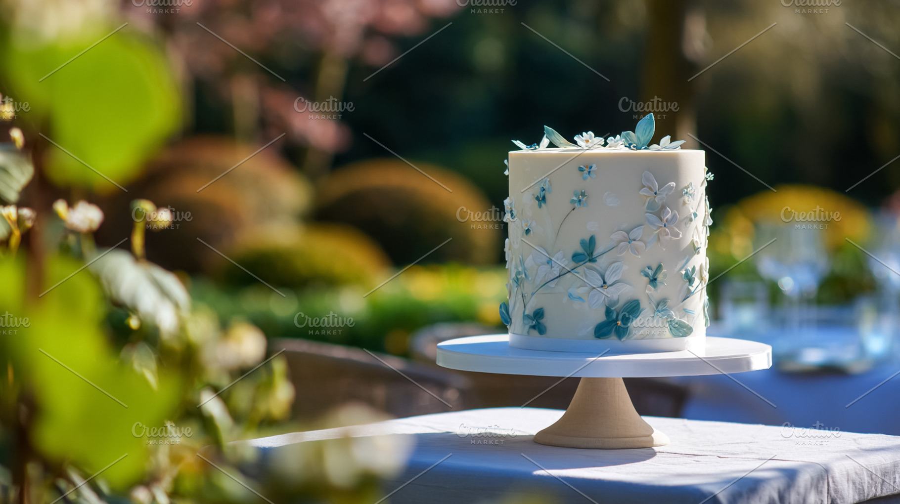 Wedding cake with floral icing decorating an outdoor reception i, a Photo by Studio ANNA