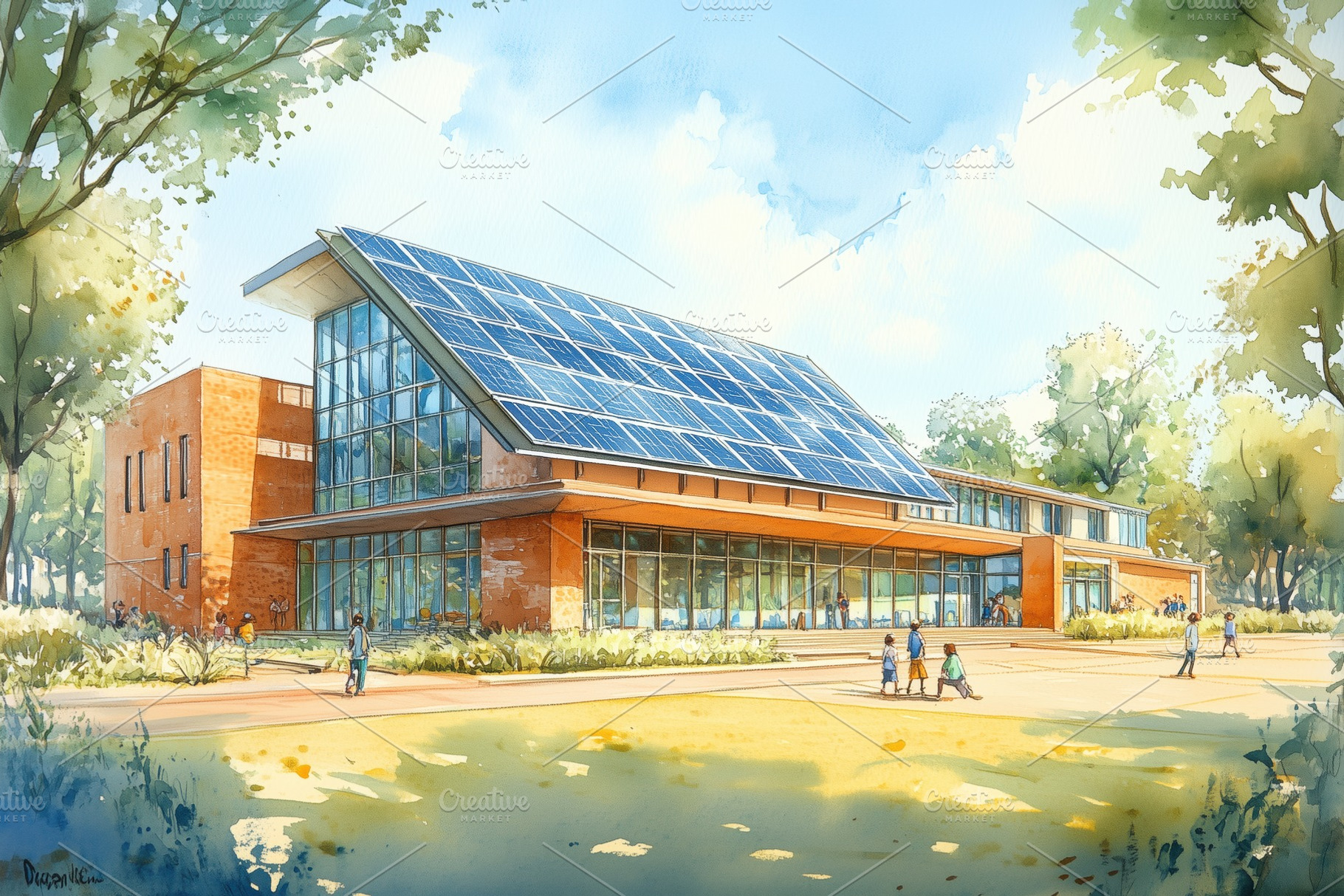 A modern eco-friendly building with solar panels on the roof, surrounded by tre, a Transportation Photo by Textures & Backgrounds