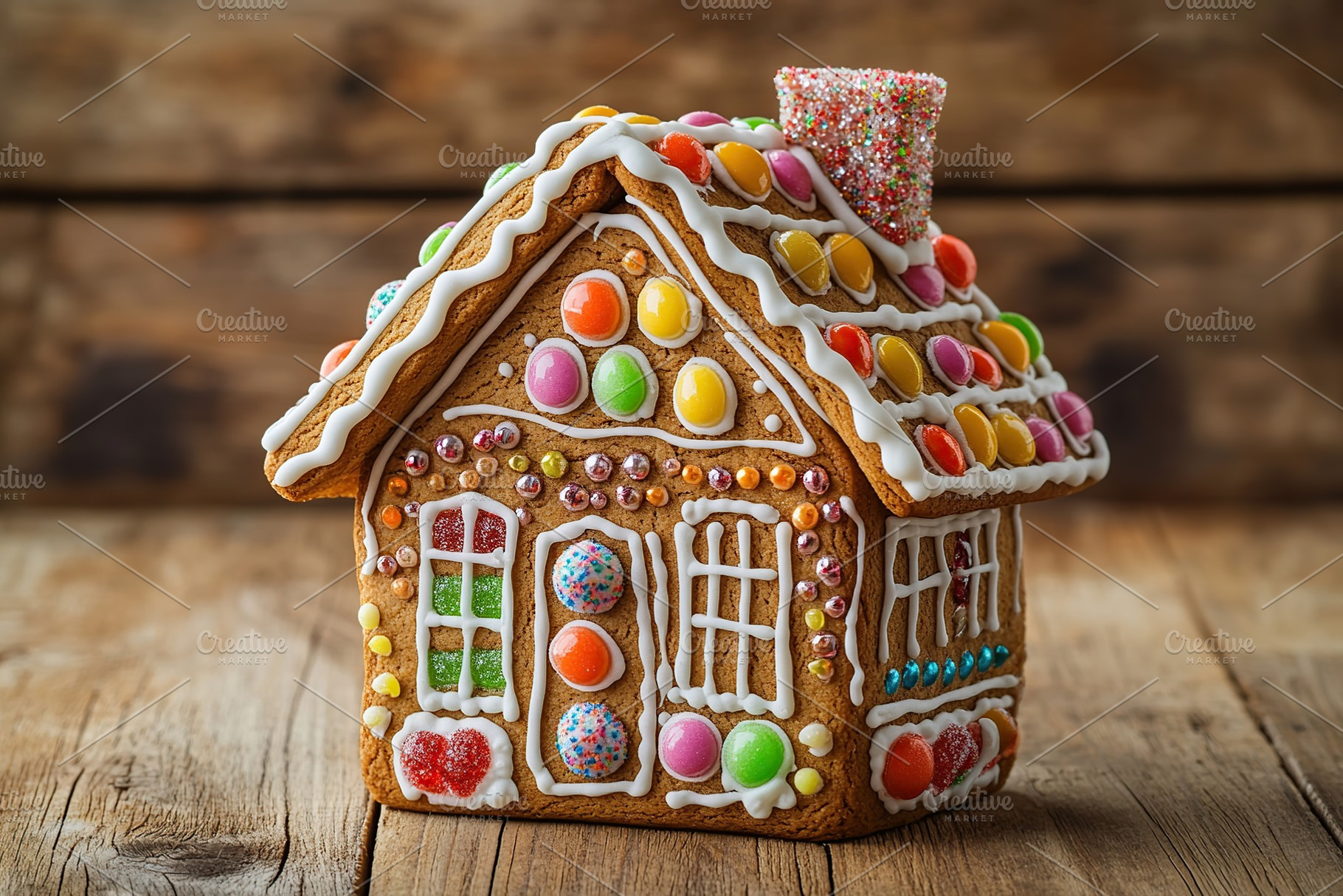 Christmas gingerbread house cookie on wooden background, a Food & Drink Photo by AlyaAnd