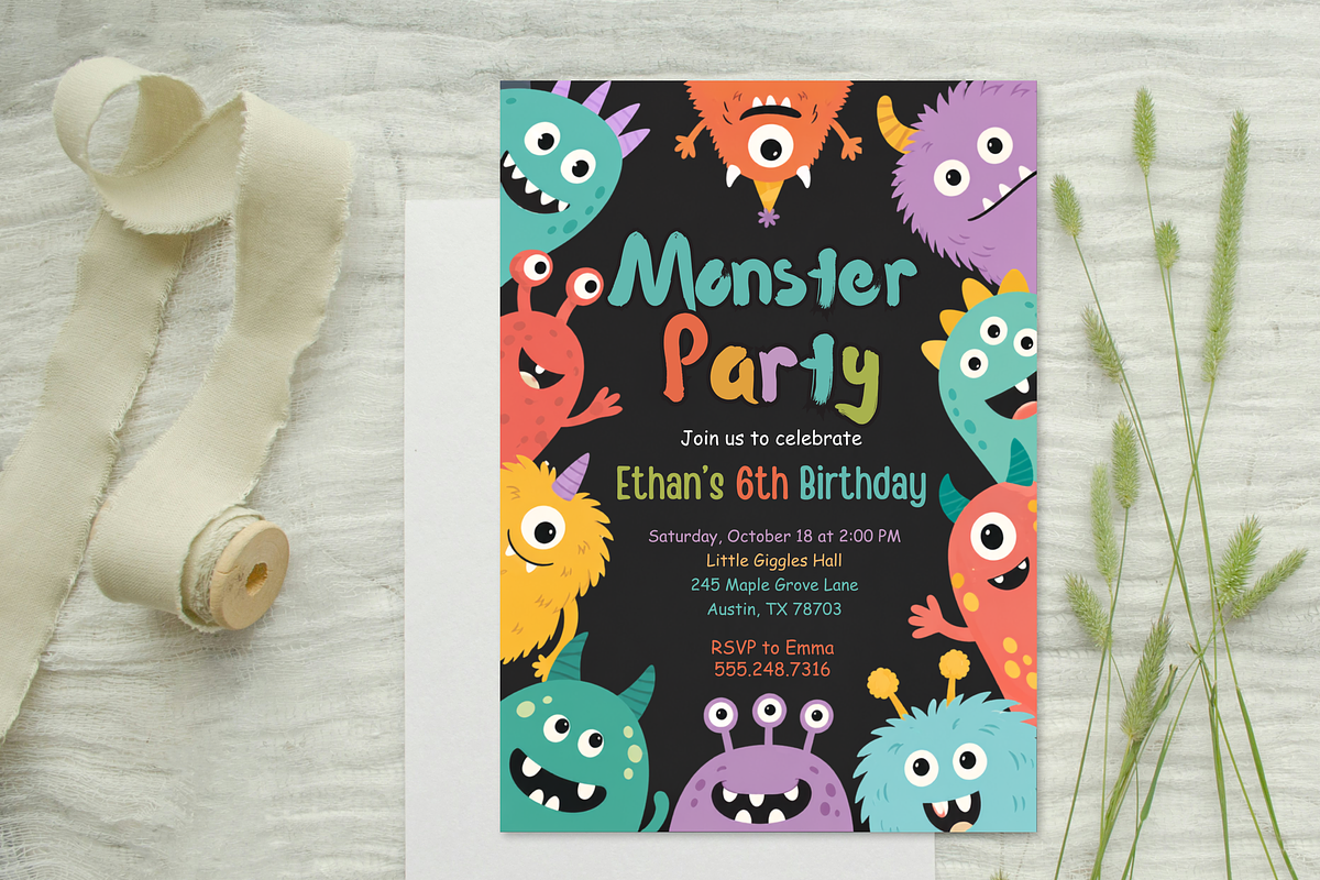 Monster Birthday Party Invitation, an Invitation Template by heynomi (Photo 4 of 19)