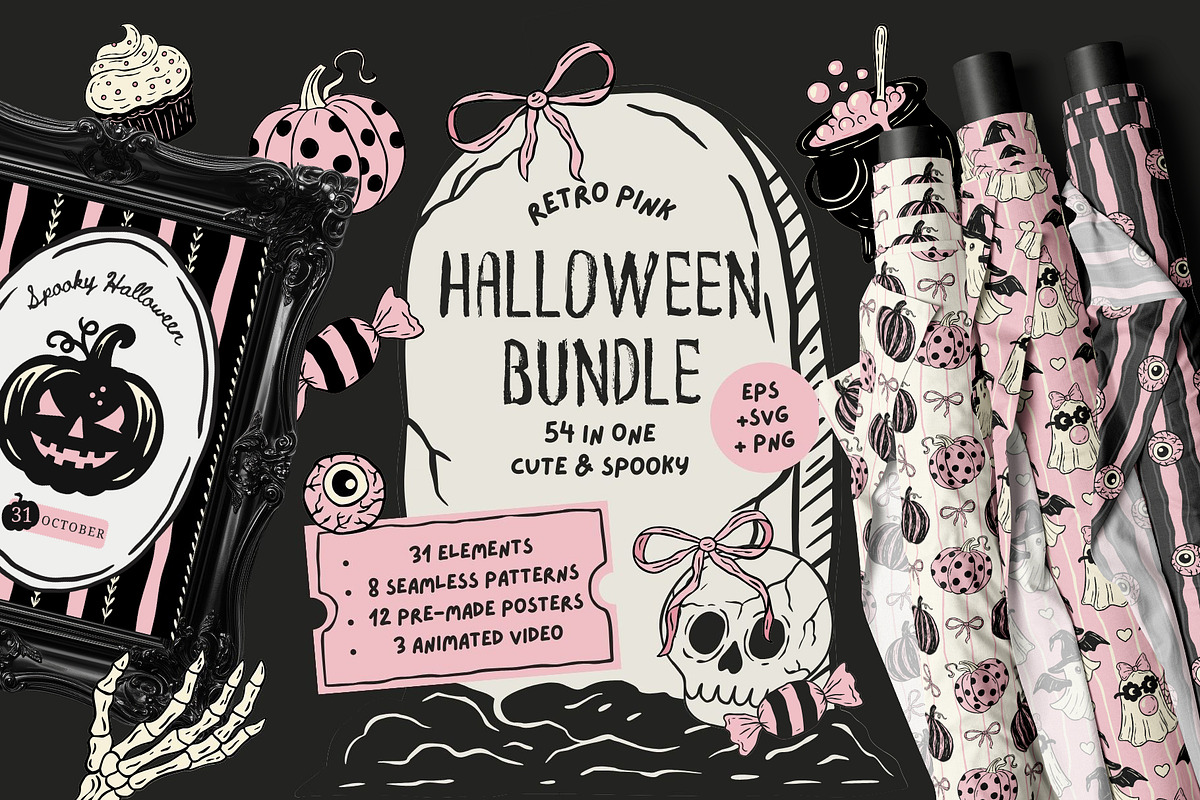 Retro Halloween Bundle Cute & Spooky, a Seasonal Illustration by Red Ink (Photo 1 of 8)