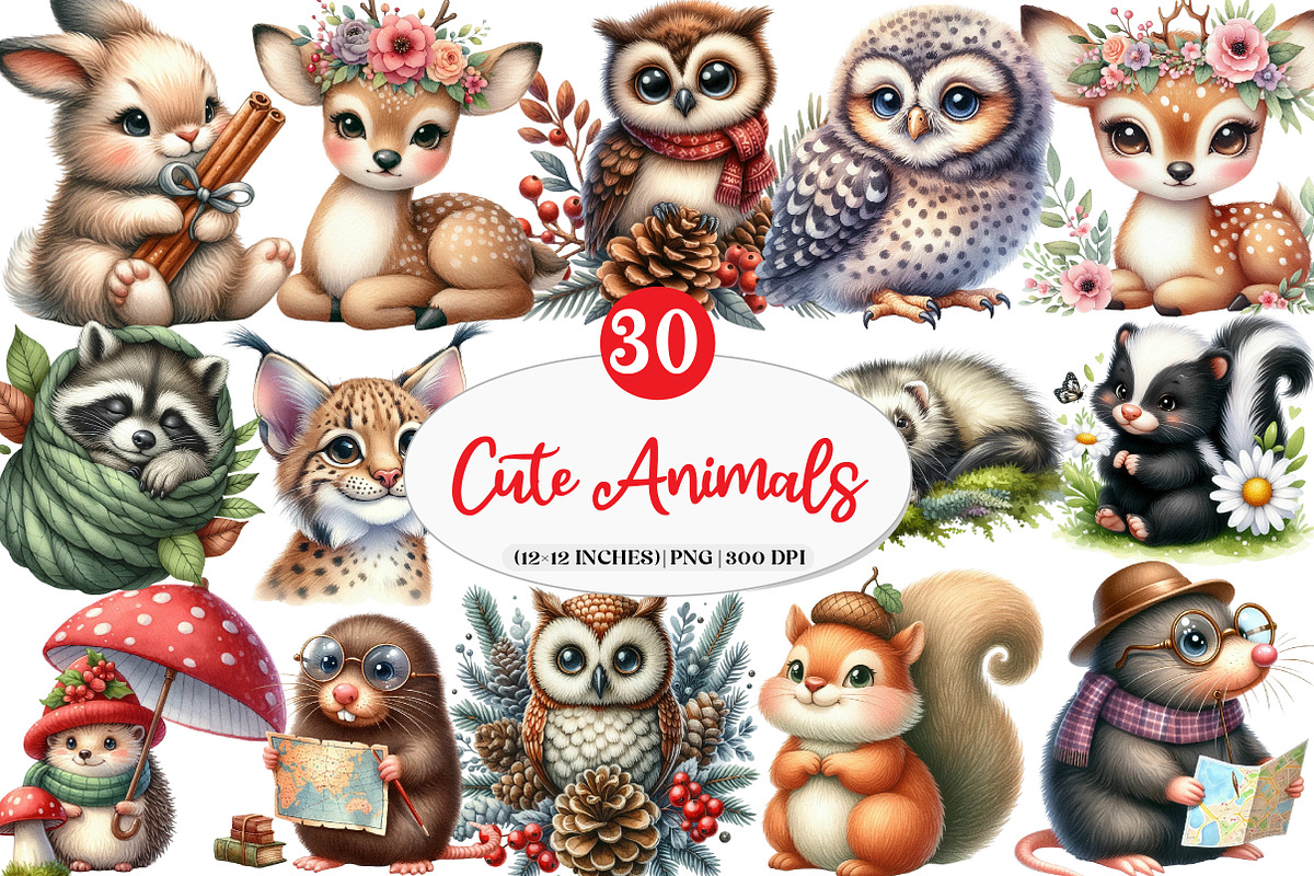 Woodland Cute Little Animal Clipart, an Illustration by Watercolor design (Photo 1 of 4)