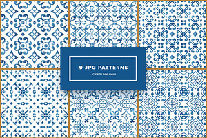 Watercolor/Vector Blue Tile Patterns