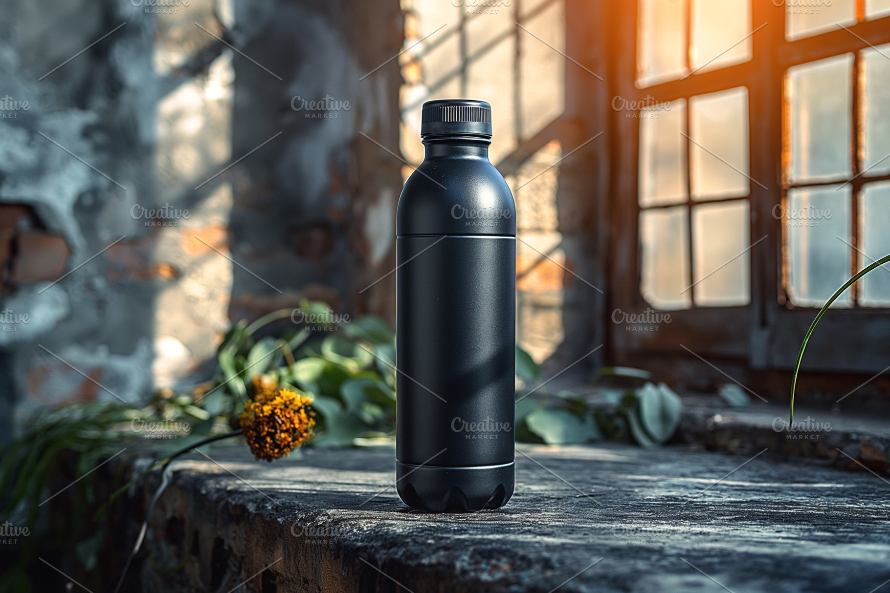 A sleek black water bottle stands thoughtfully on a weathered stone surface, il, a Business Photo by ImageMir