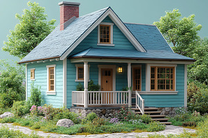 Charming blue cottage surrounded by, a Photo by Tanuart