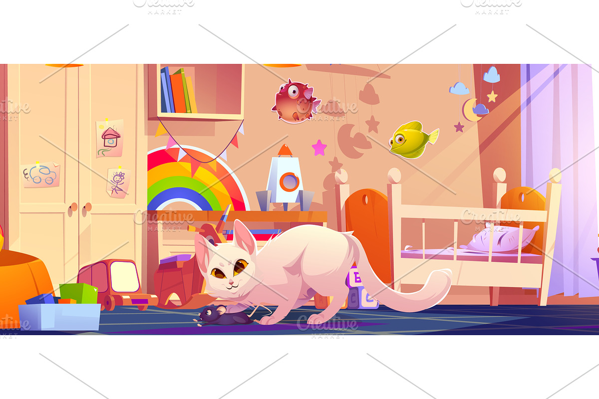 White cat caught black mouse in, an Object Illustration by art PVP - market