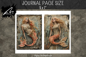 Red Mermaid, Grunge Collage Pages