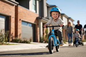 Toddler Riding Balance Bike Suburban, a Photo by Pixeness Studio