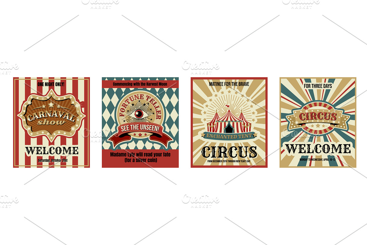 Retro circus carnival cards set, an Illustration by art PVP - market