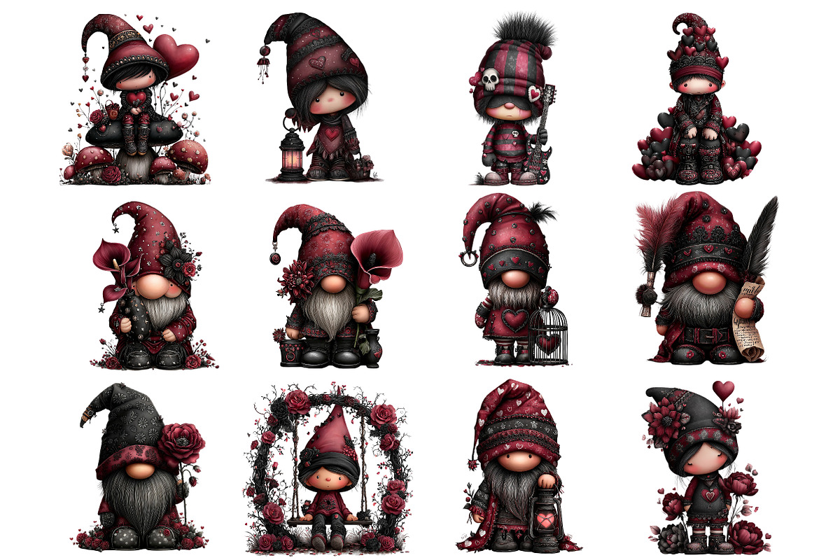 Gothic Valentine Gnomes Clipart, an Illustration by DreamArtGraphic (Photo 3 of 4)