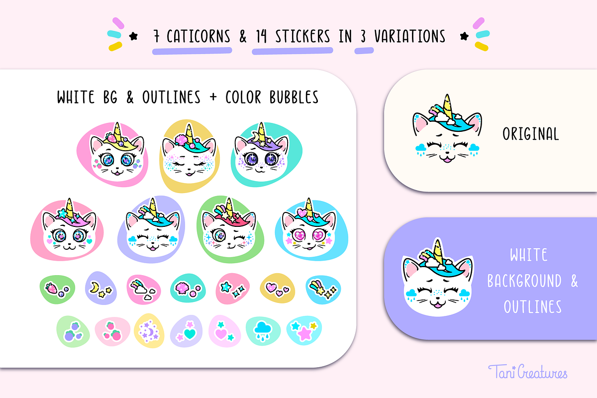Cat Unicorn faces Clipart & Patterns, an Illustration by TaniCreatures (Photo 2 of 8)