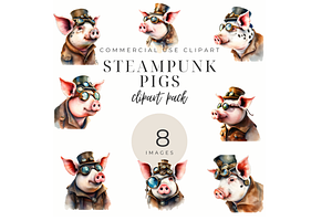 8 Digital Steampunk Pigs, a Graphic by Deborah Annes Digitals