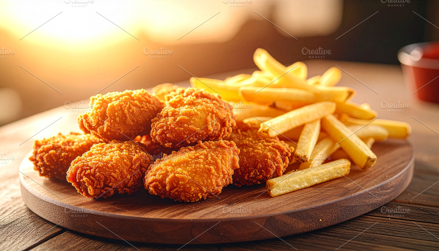 Crispy golden chicken nuggets with hot fries on a rustic table in warm sunset l, a Food & Drink Photo by DutchDigitalDesign