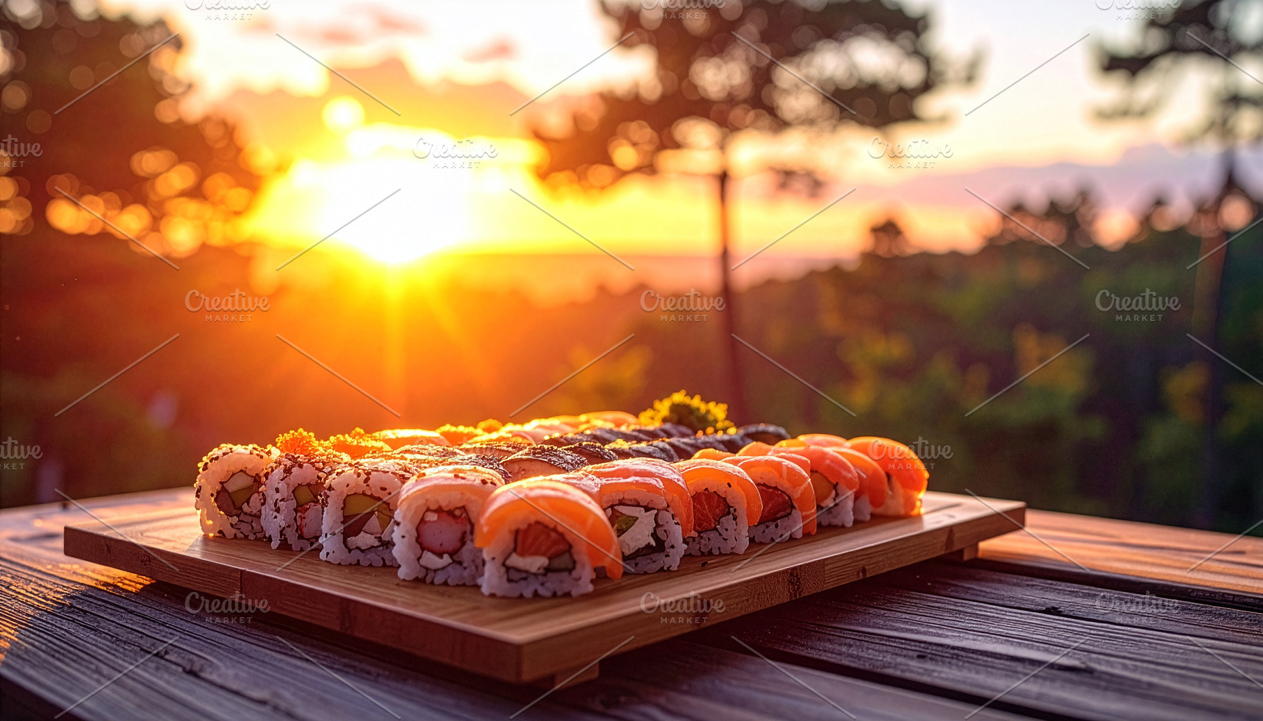 An artful sushi board showcasing fresh fish and fine details., a Food & Drink Photo by DutchDigitalDesign