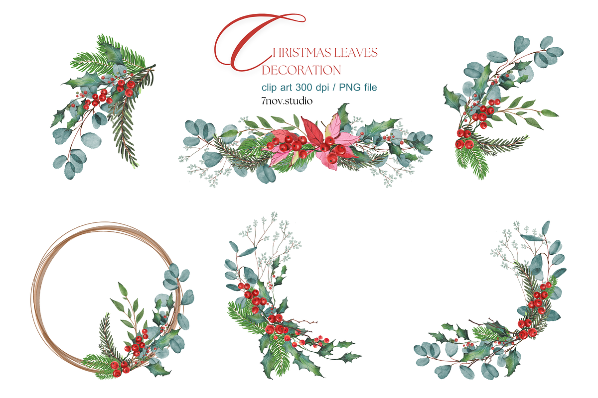Christmas Leaves Decoration, a Seasonal Illustration by 7nov.studio (Photo 3 of 7)