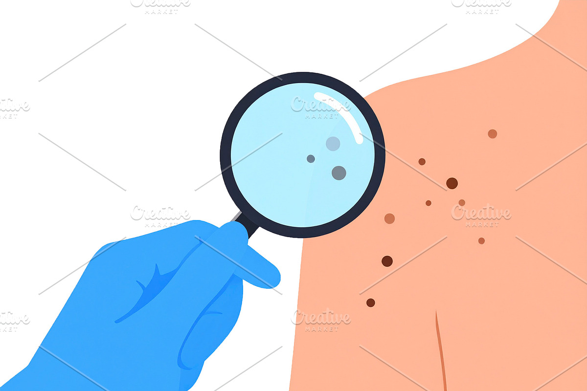 Hand with magnifying glass over a skin patch with a visible mole, a Healthcare Illustration by DanFLCreativo