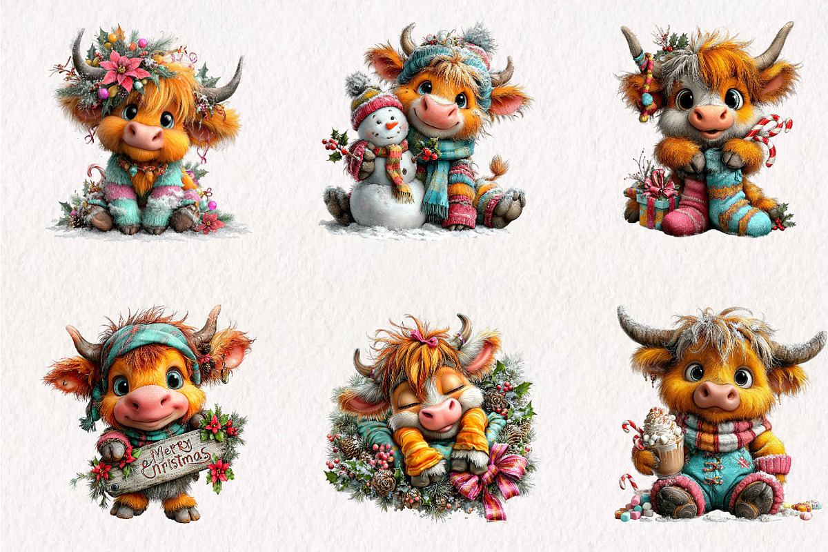 Cute Highland Cow Christmas clipart, a Seasonal Illustration by CreationArt (Photo 4 of 7)