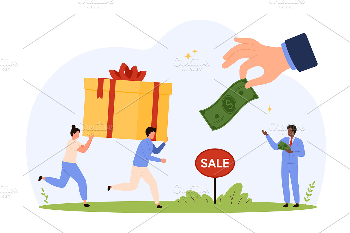 Tiny People Shopping and Selling, an Object Illustration by Flashvector