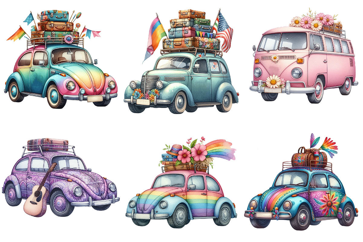 Hippie Car for Summer Watercolor PNG, an Illustration by Pixels.Craft (Photo 8 of 8)